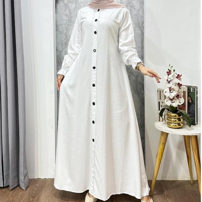 Nikmat Batik - Gamis Polos Putih Bersih - busui kancing dan resleting depan bahan Twill ori bisa COD