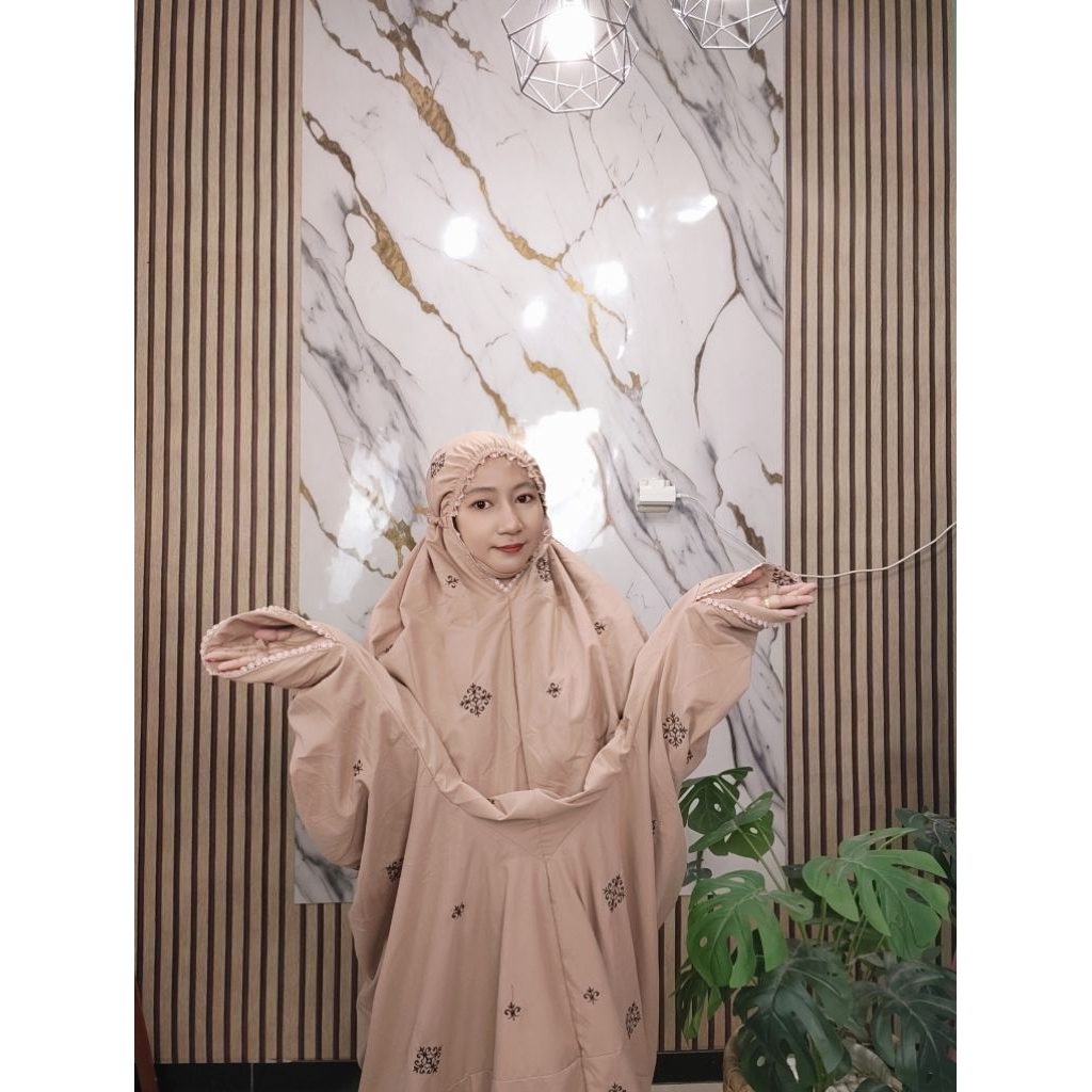 Mukena Terusan Full Bordir Tenun Etnik, Pita Korea, Kuncup Kening Karet Katun Mikro Premium