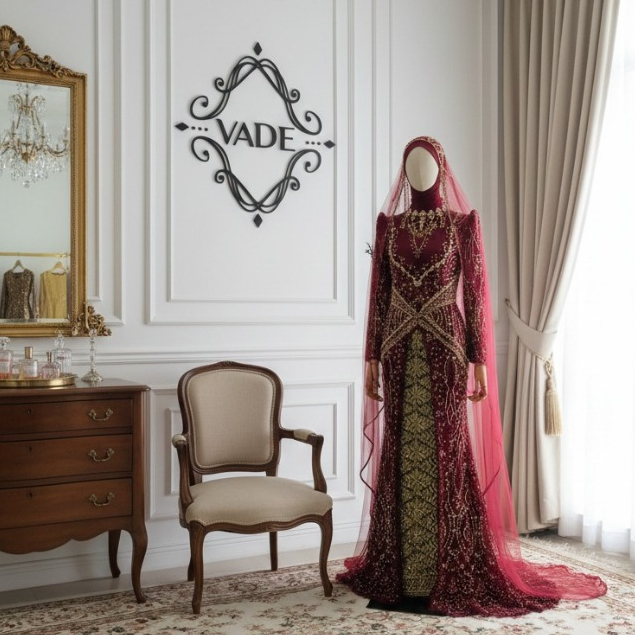 VADE - Gaun Pengantin Maroon Mewah Full Payet / Kebaya Akad Nikah Muslimah Elegant / Dress Lamaran T