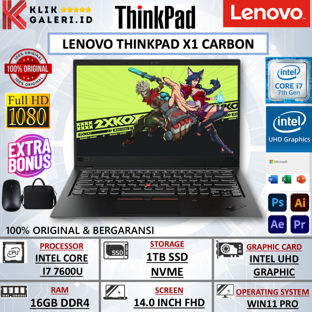 Laptop Ringan Murah Lenovo Thinkpad x1 Carbon Intel i7 7600U RAM 16GB 512GB SSD 14" FHD Win 11 Pro O