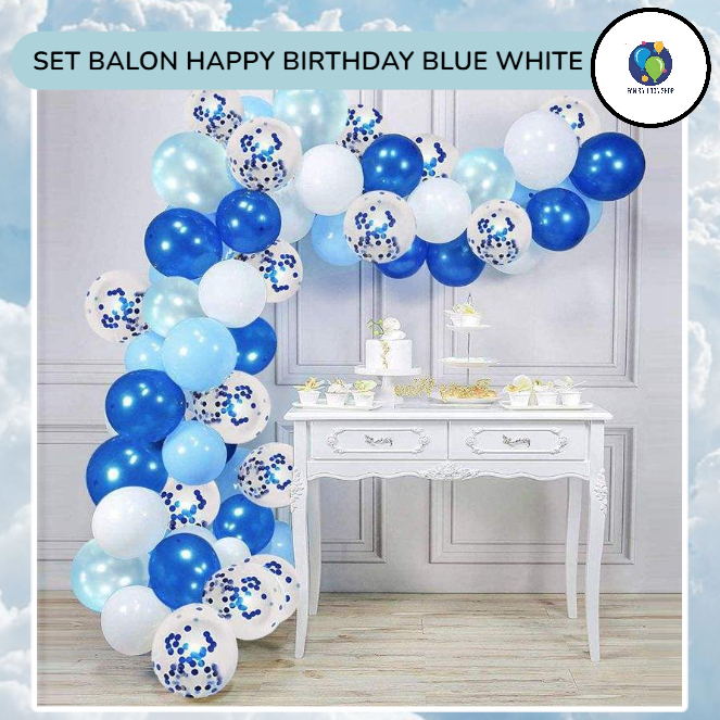 Set Balon Happy Birthday Biru Putih | Dekor Balon Arch Garland + Confetti | Ulang Tahun