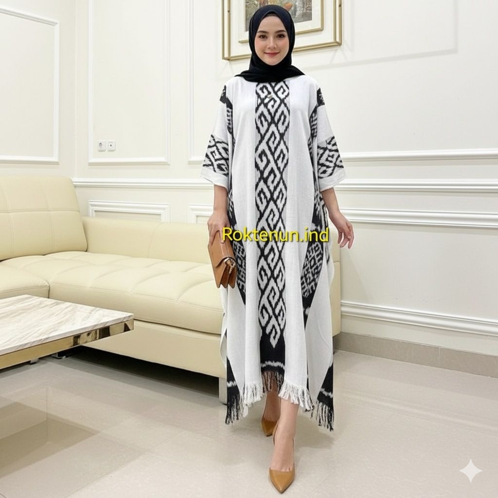Kaftan Tenun Wanita Modern Putih Bahan Tenun Premium Blanket - Baju Kaftan Jumbo Wanita - Kaftan Ten