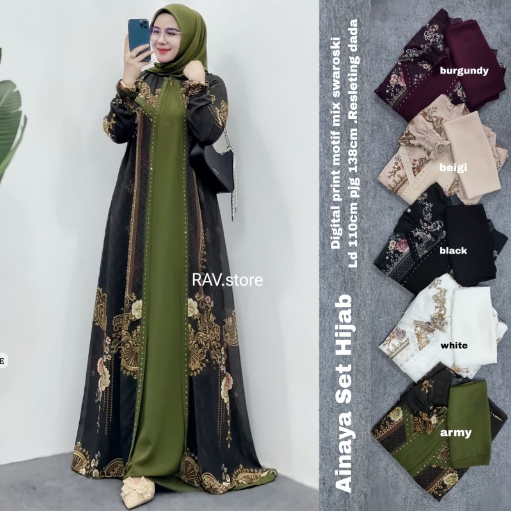 Ainaya Set Hijab by RAV.store - dress digital print motif mix swaroski - gamis wanita model terbaru 