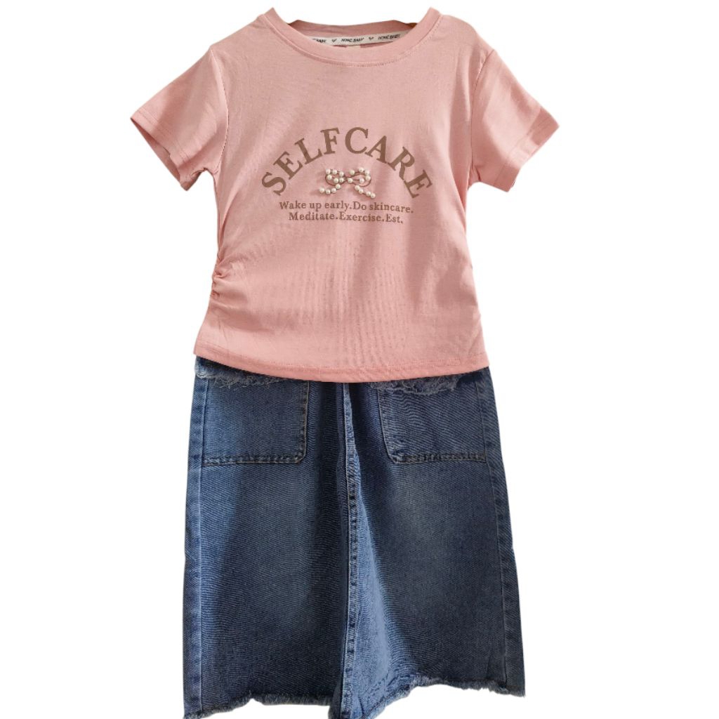 Setelan Anak Perempuan Rok Panjang Kaos Anak Pendek Kombinasi Mutiara