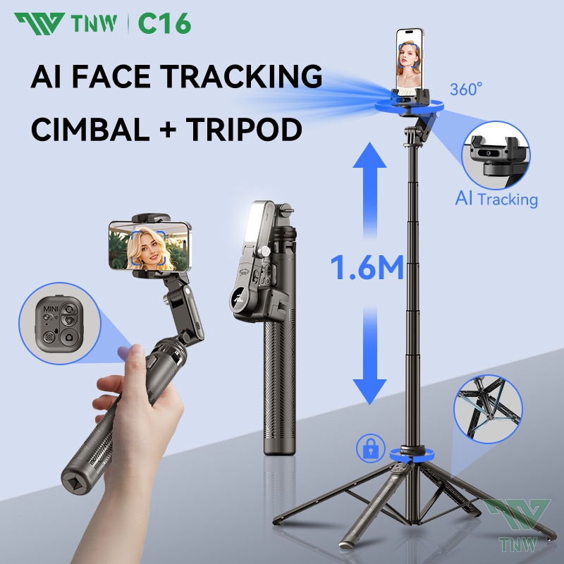 TNW C16 Multi-functional Auto Face Tracking Tripod AI Bluetooth Gimbal Stabilizer 360° Rotation Self