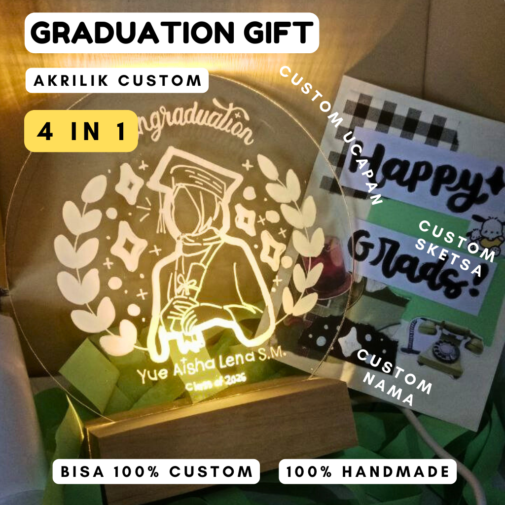 Lampu Hias Akrilik Custom Kado Wisuda Wedding Birthday A6/A5 10x15cm USB LED