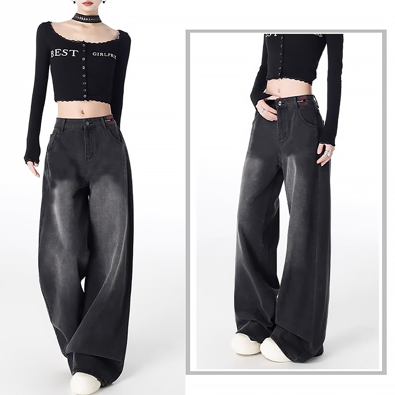 KeyGirl celana jeans pinggang tinggi wanita terbaru celana jeans longgar lurus tipis kaki lebar kore