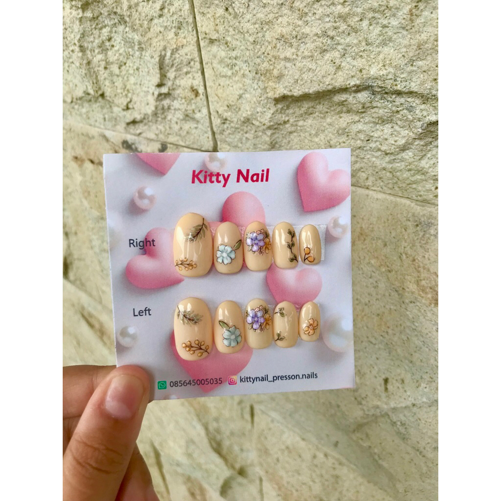 Kuku Palsu Press On Nails Nude Cream Motif Bunga | Fake Nails Premium Elegan Wanita