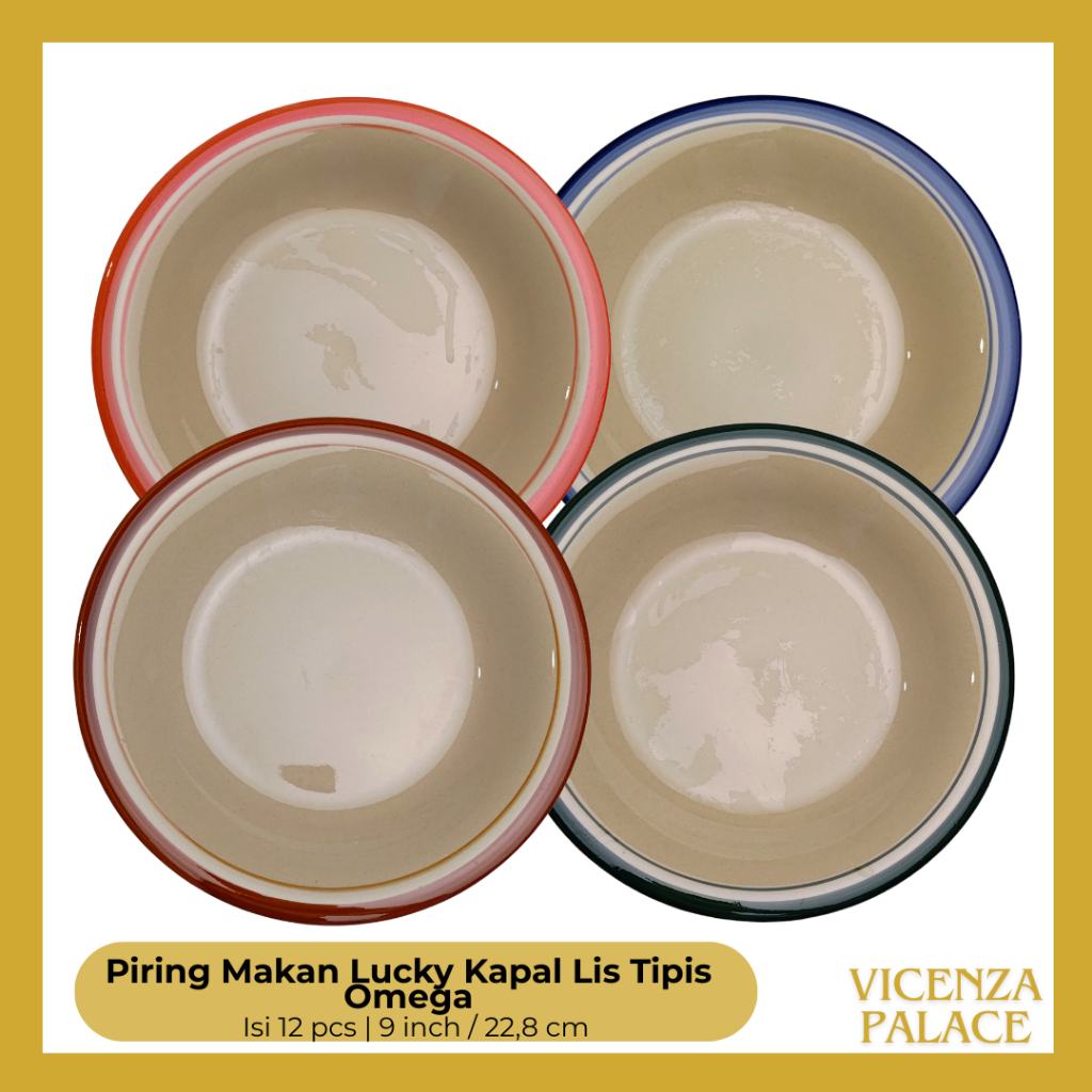 Piring Makan Keramik Seri Kapal List Tipis Warna Omega Lucky Ukuran 9 inch (1 Lusin)