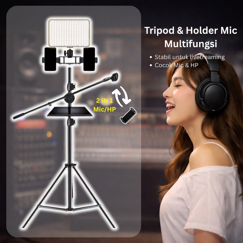 Tripod 2.1 Meter Paket Lengkap Overhead Lampu Tray | Holder HP Mic | Live Streaming & Karaoke Famous