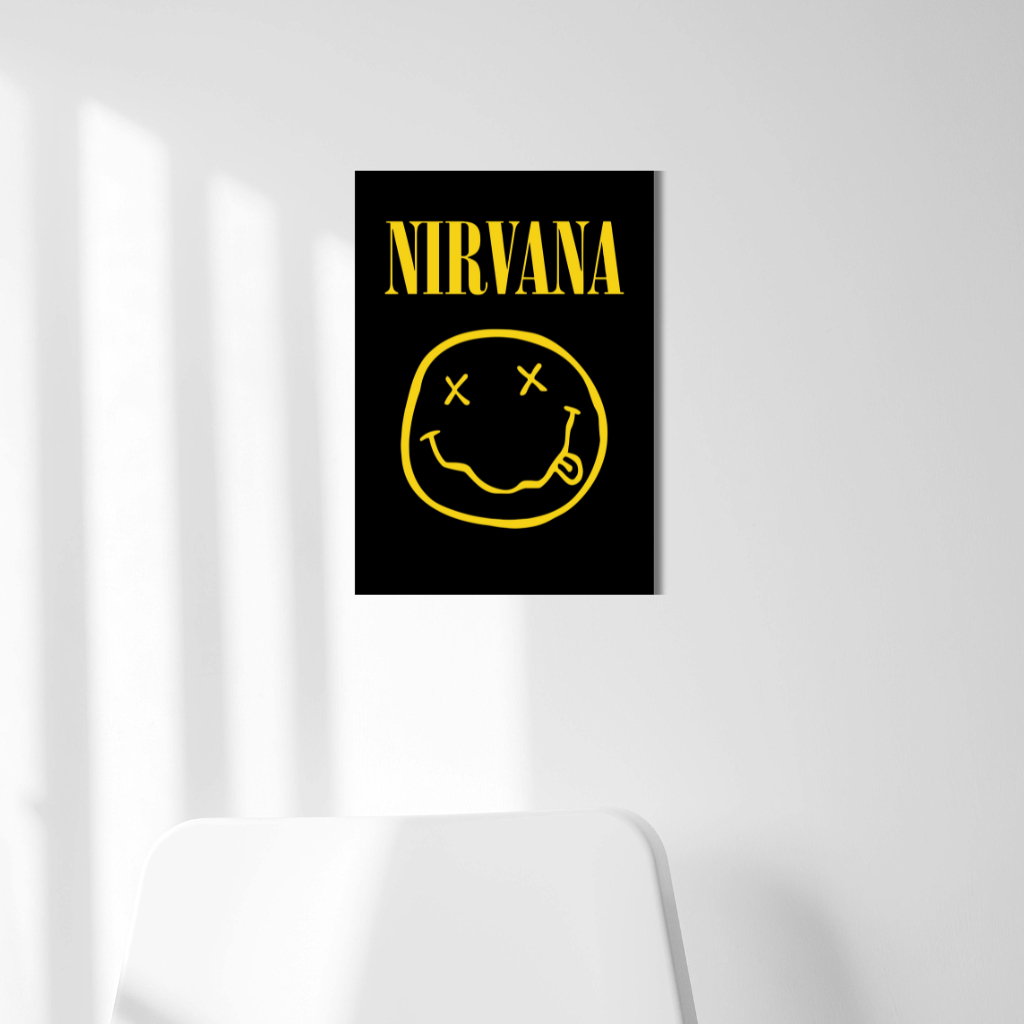 Poster Dinding Nirvana Smiley Yellow Black - Dekorasi Kamar Cowok Musik Rock Grunge