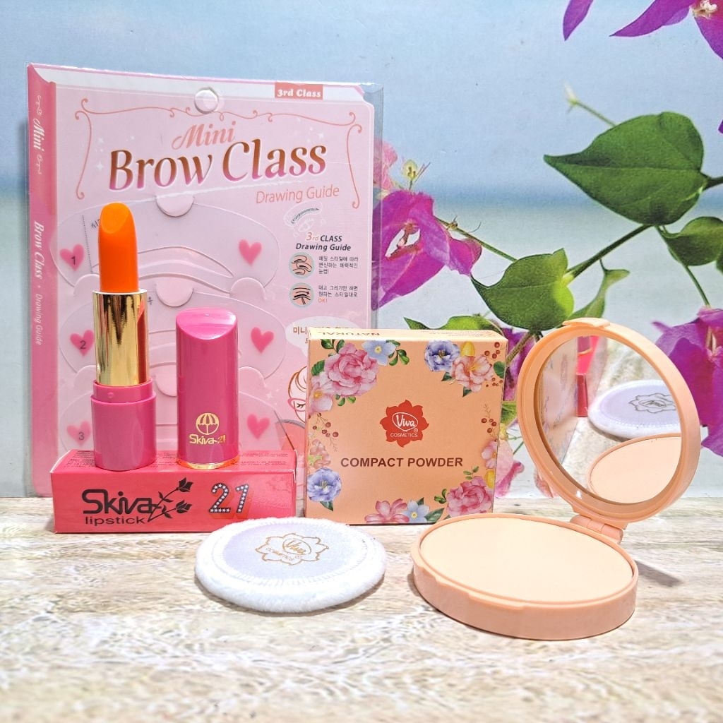 Paket Promo 2pcs Free Cetakan Alis) VIVA Bedak Compect + SKIVA Lipstik 500 Original