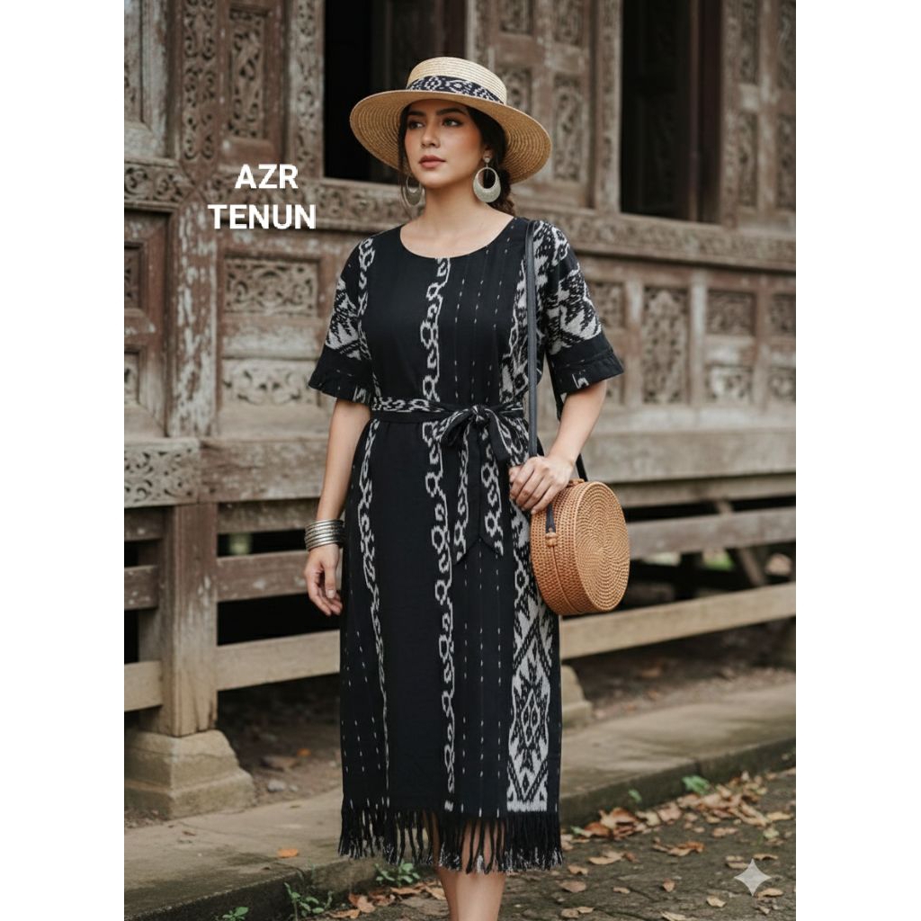Dress Tenun Ikat Wanita Motif Etnik Modern / Gamis Tenun Jepara Premium AZR TENUN