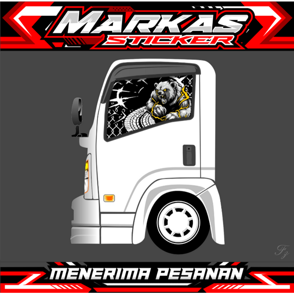 Stiker One Way Kaca Samping Truk Isuzu Giga - Stiker Kaca Samping Tembus Pandang - Desain Beruang Bi