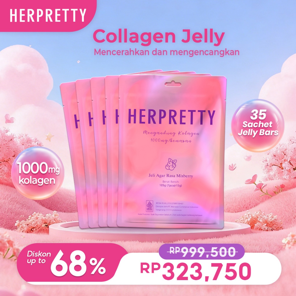 5 Pouch HerPretty Collagen Pink White Jelly Agar Rasa Mixberry - Suplemen dengan 1000mg Peptide Kola