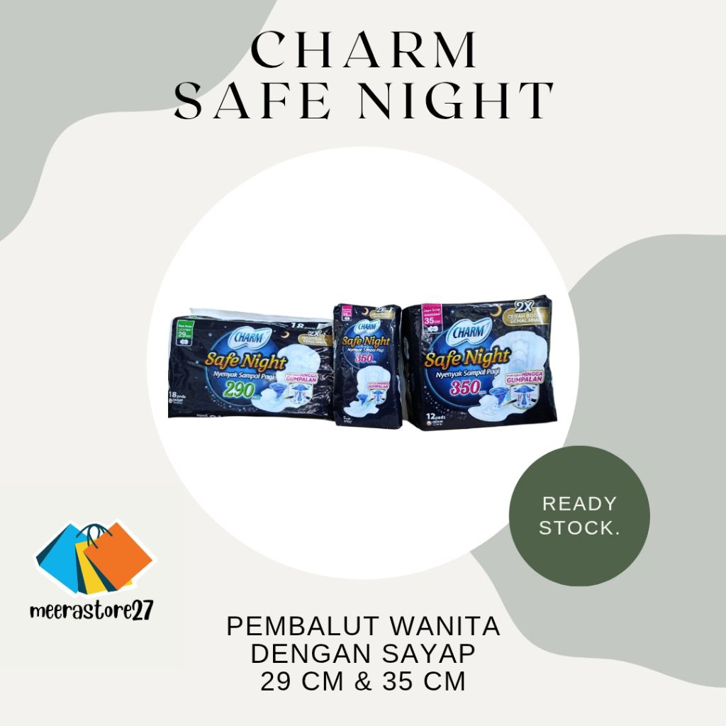 Charm Safe Night, Pembalut Wanita bersayap, 29cm dan 35cm.