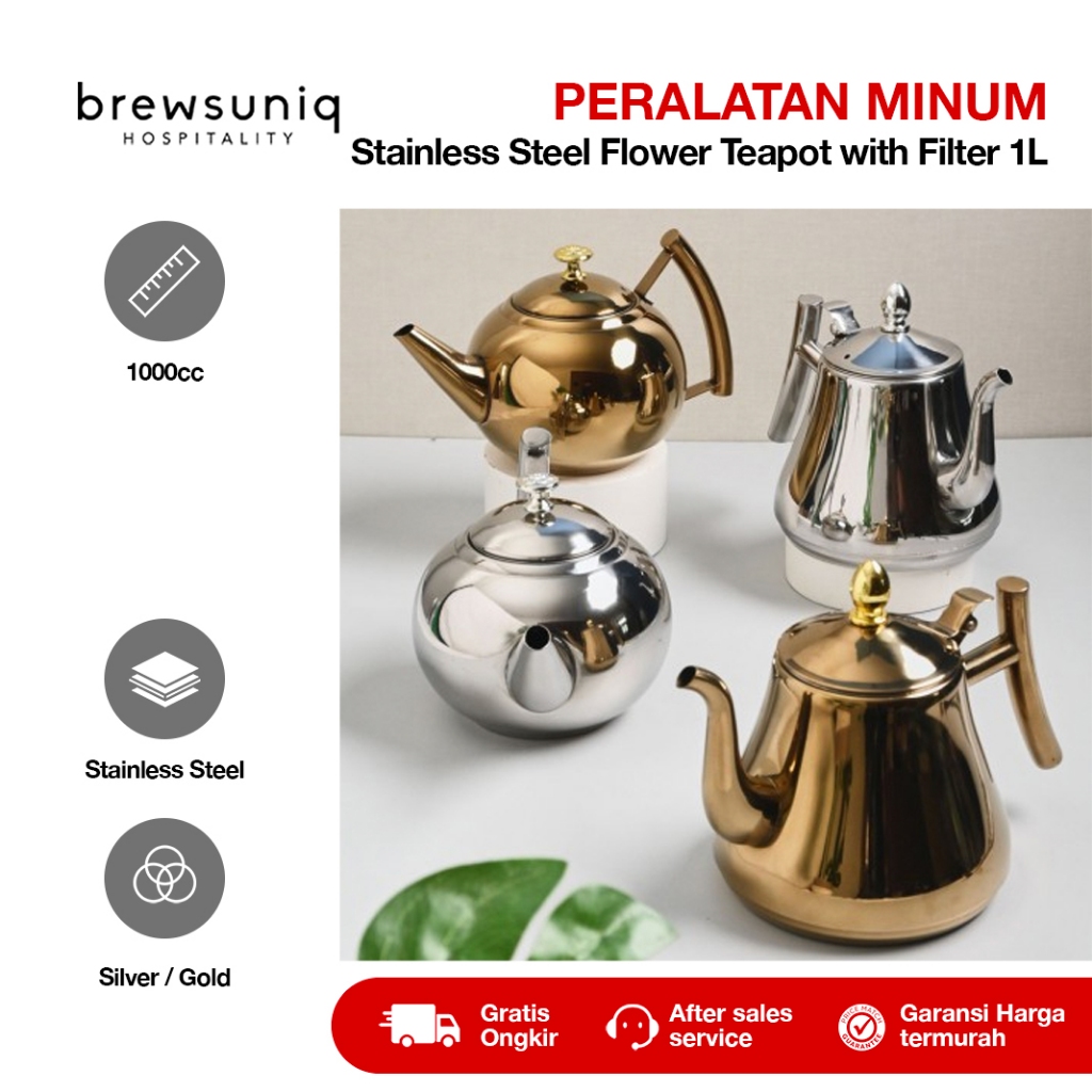 BREWSUNIQ - Stainless Steel Flower Teapot with Filter 1L | Teko Stainless Steel Retro dengan Saringa