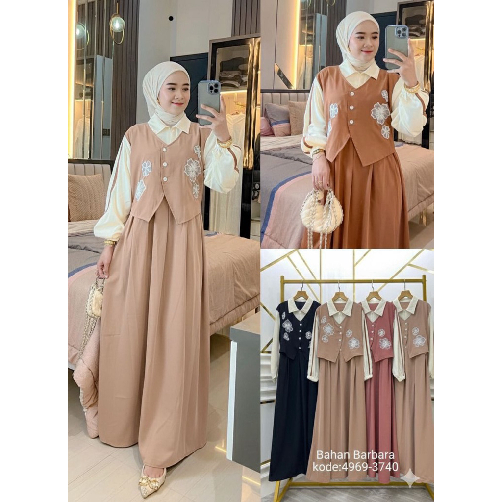 Gamis rompi barbara rayon twill mix bunga renda