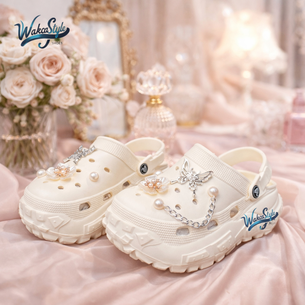 Sandal Sepatu Wanita Cros Model Baim Premium Motif Hiasan Kupu-kupu Rantai Bunga Real Bahan Karet Ev