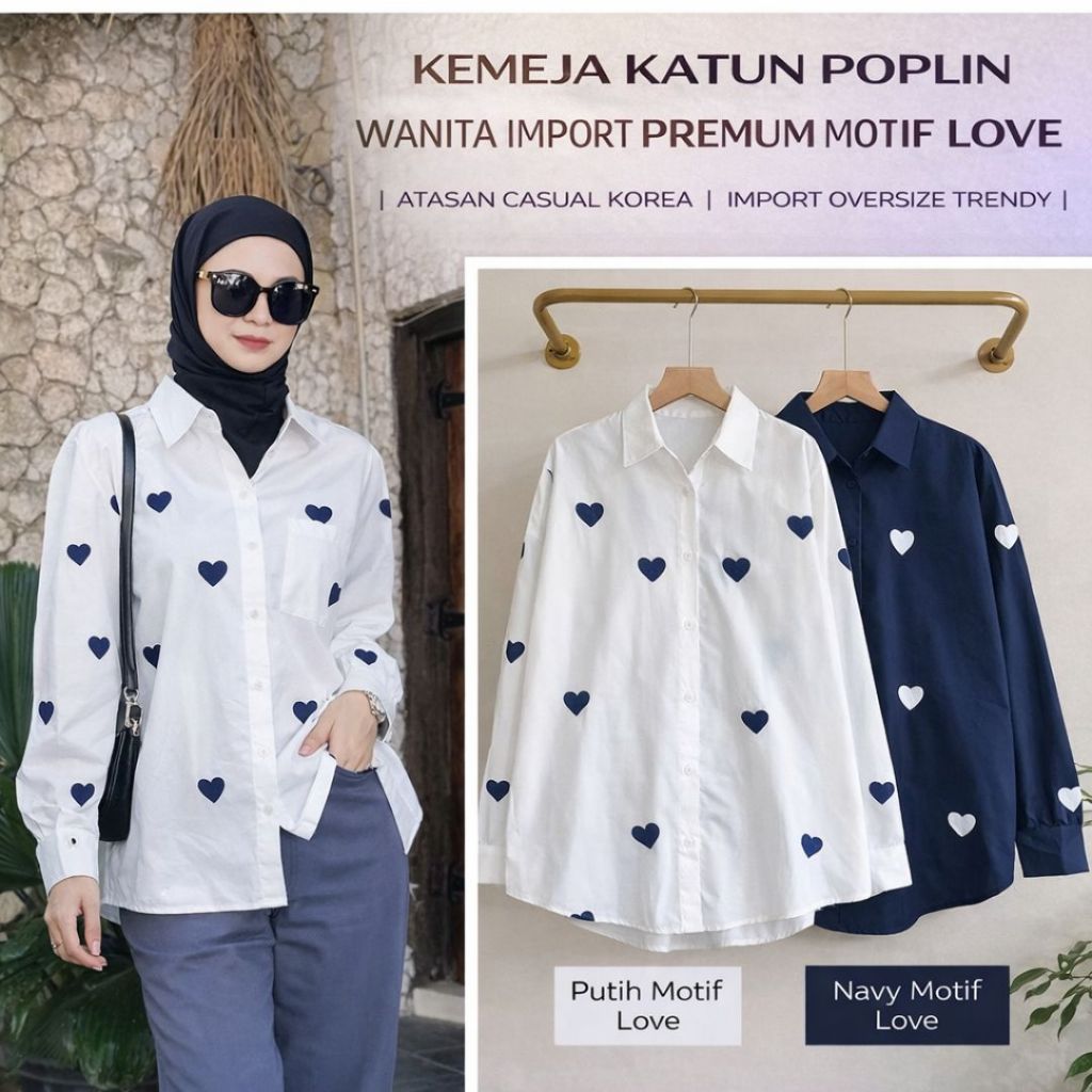 Kemeja Wanita Import Premium Katun Poplin Motif Love Oversize LD 120 Atasan Casual Korea