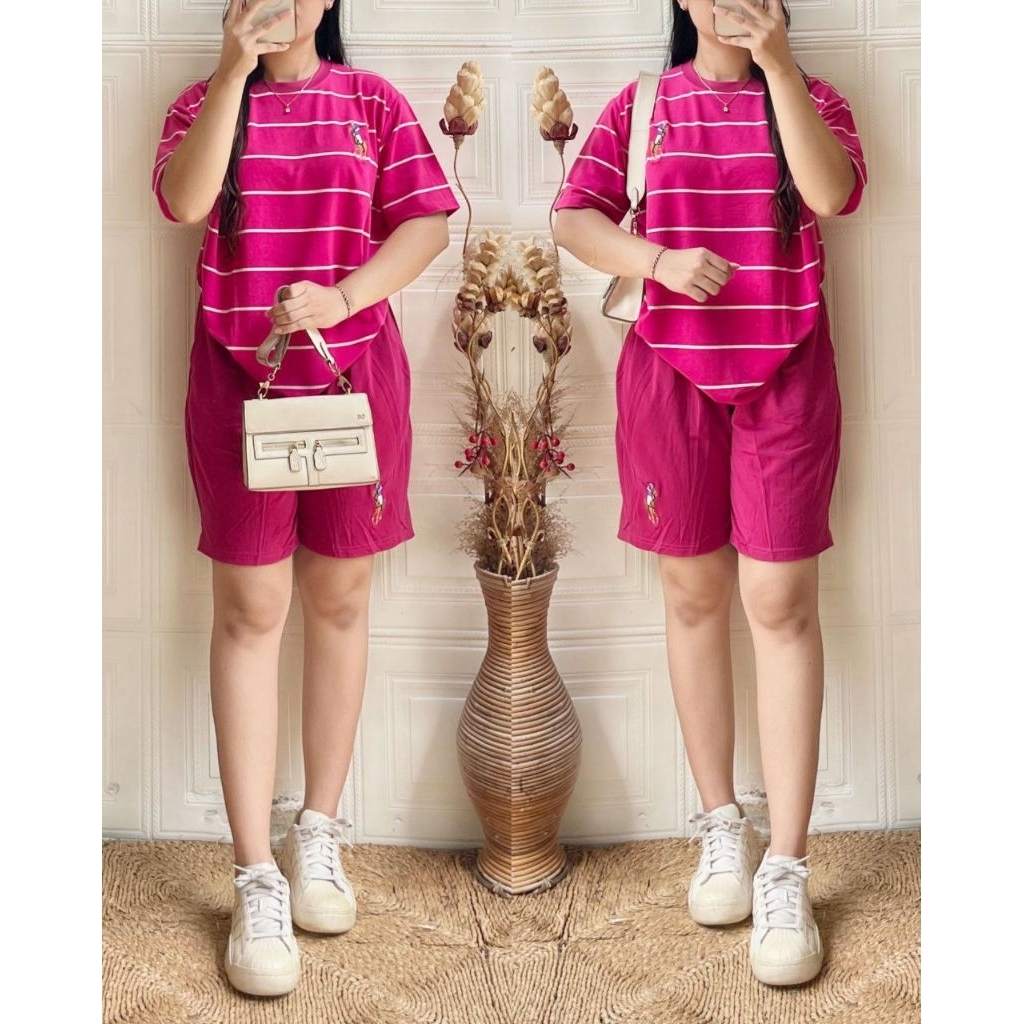 One Set Gracia/ Setelan Wanita Kaos dan Celana Pendek Salur