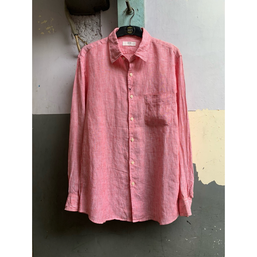 kemeja pria Uniklo linen stripe lengan panjang preloved