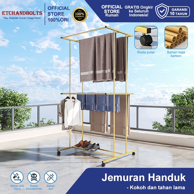 etchandbolts Jemuran Handuk Besi Berdiri 2 Susun dengan Roda - Kuat Kokoh Kapasitas Besar Gantungan 