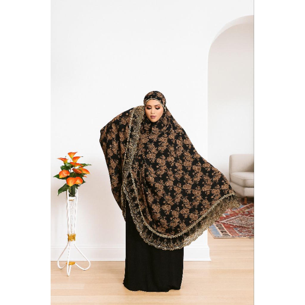 Mukena Katun Rayon Viscos Motif 2in1 Mukena Dewasa Motif Bunga Hitam Putih