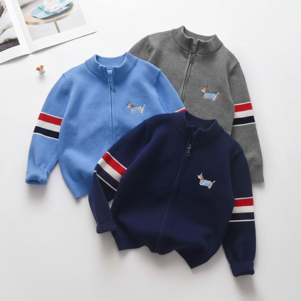 Sweater Polos Anak Laki-laki Kancing Depan Motif Garis Lengan (2 - 3 Tahun)