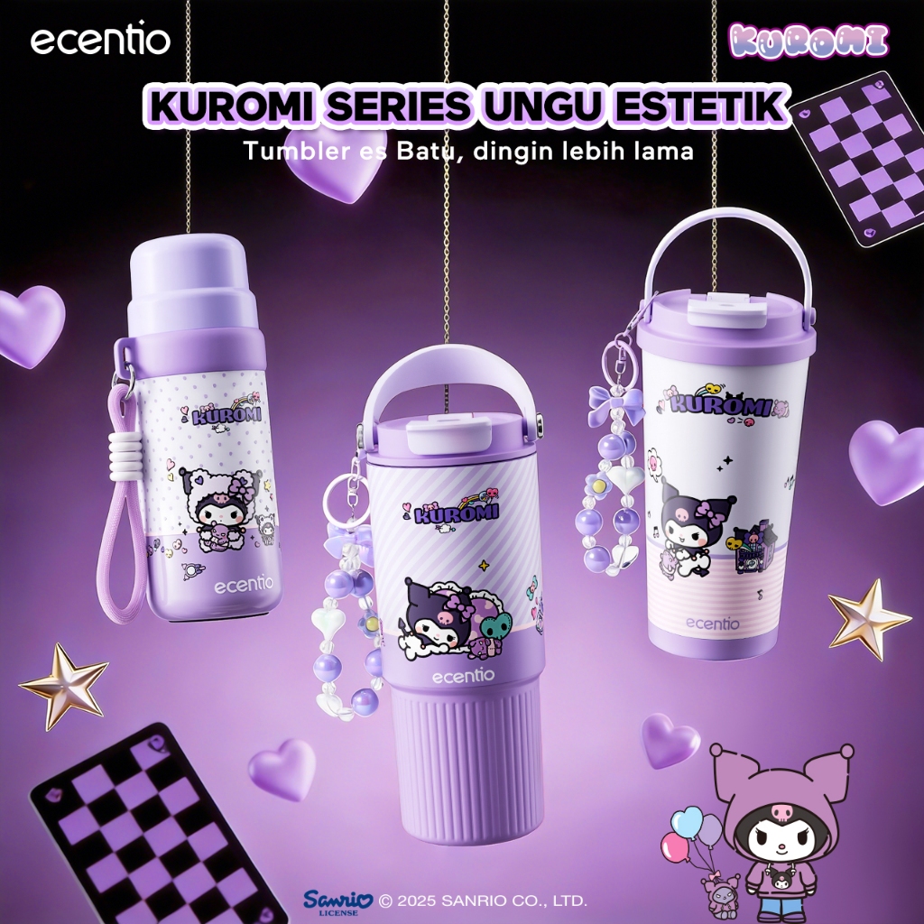 ecentio Kuromi Botol Minum Anak 2in1 Kids Tumbler Sanrio Original Portable 350ML Stainless 304 Tumbl