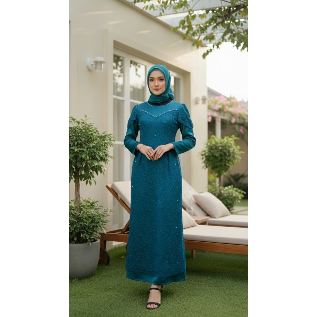 gamis modern kekinian kombinasi brokat premium