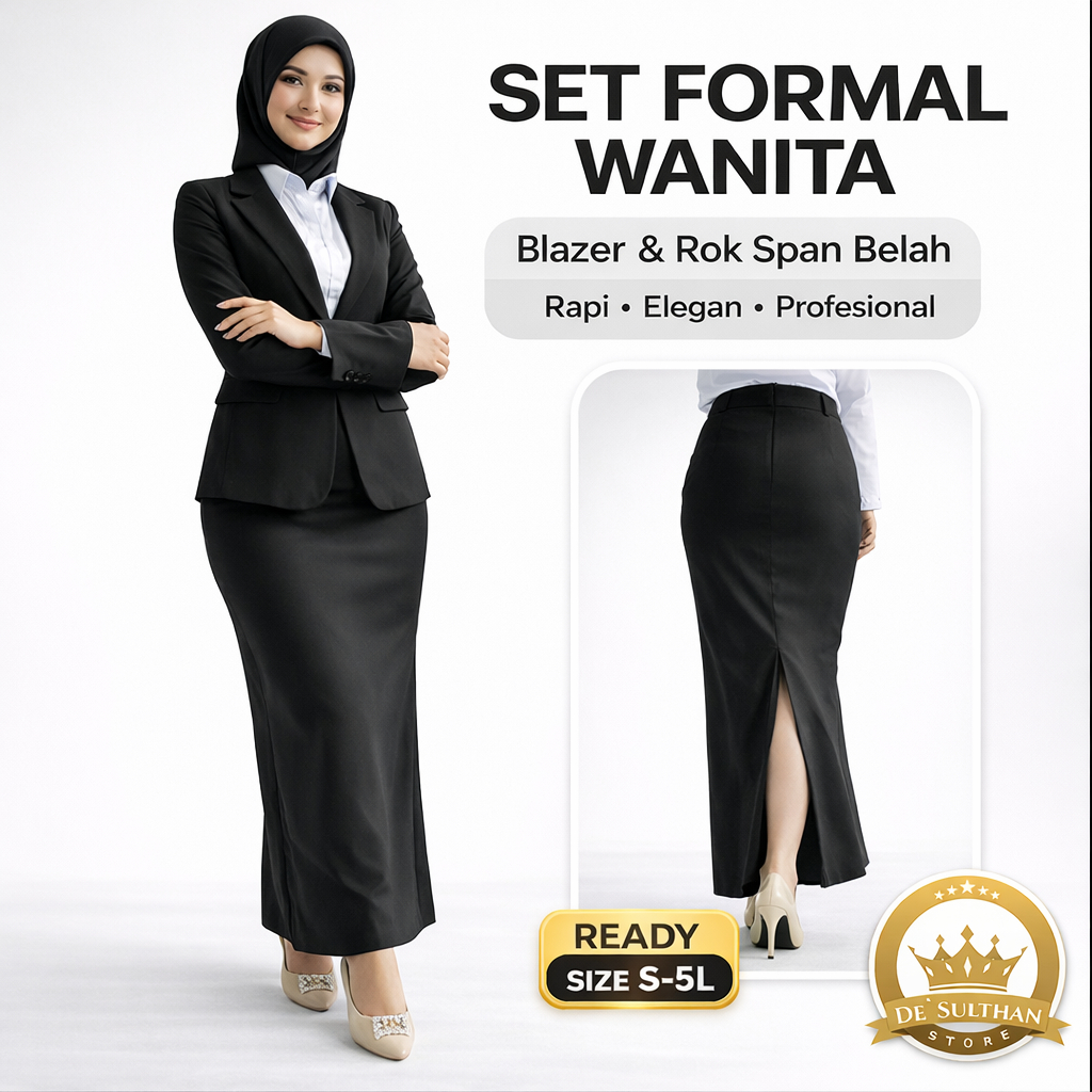 Set Formal Wanita Blazer & Rok Span Belah Belakang Panjang Hitam | One Set Jas Kerja Kantor Wanita D