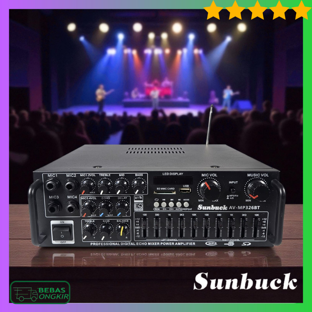 Sunbuck Amplifier Bluetooth EQ Mixer Audio Karaoke FM 2000W AV-MP326BT dengan Equalizer Suara Jernih