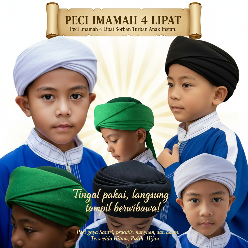 Peci Imamah Permanen 4 Lipatan Peci Imamah Anak & Dewasa Peci Imamah Instan Permanen Langsung pakai