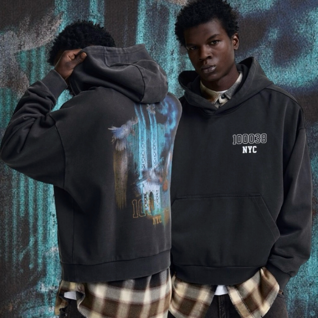 Hoodie H&M Man NYC oversized black wash