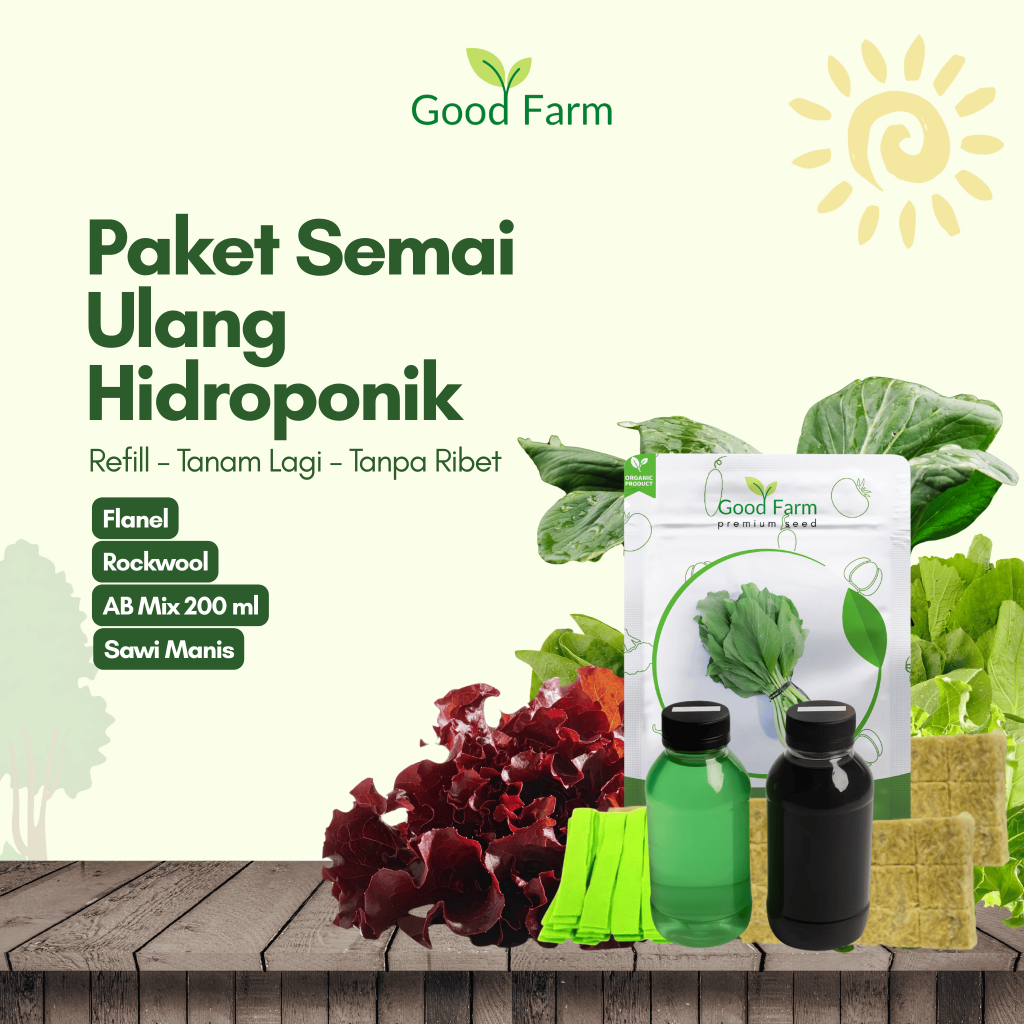 GoodFarm - Paket Semai Ulang Hidroponik | Benih Sawi Putih Jumbo Premium, Flanel, Rockwool AB mix 20