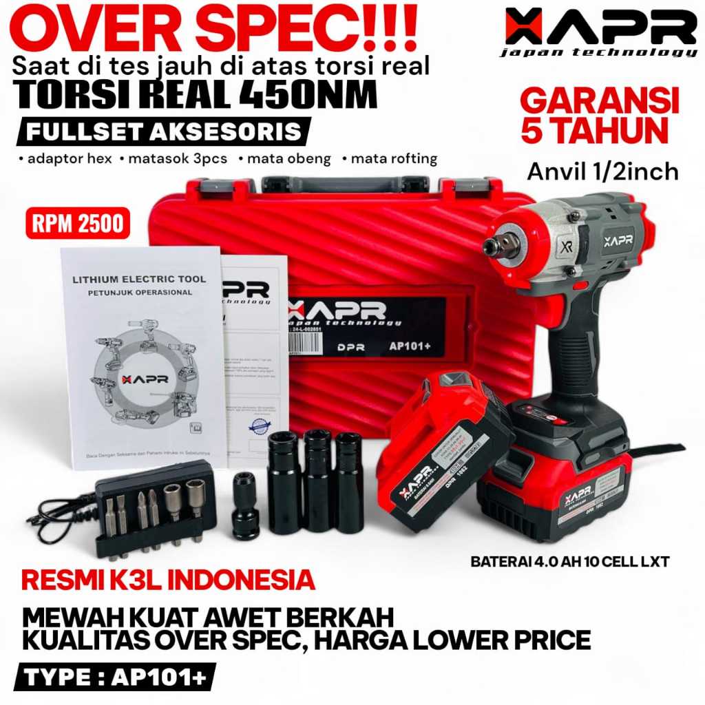 APR Impact Wrench 650NM MOD Dewalt Fullset Mesin Pembuka Baut 1/2inch Ban Mobil Motor AP101+