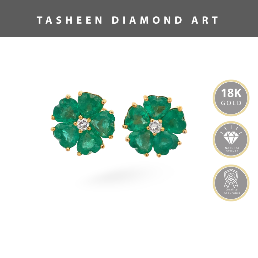 TDA Green Emerald Blooming Heart Earring Anting Emas Berlian Batu Safir Asli