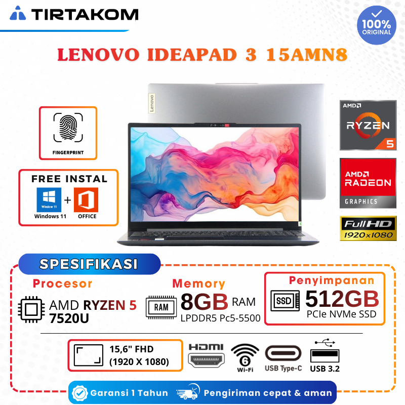 LAPTOP Lenovo Ideapad 3 15AMN8 with Ryzen 5 7000 Series and 8GB RAM and Finger Print