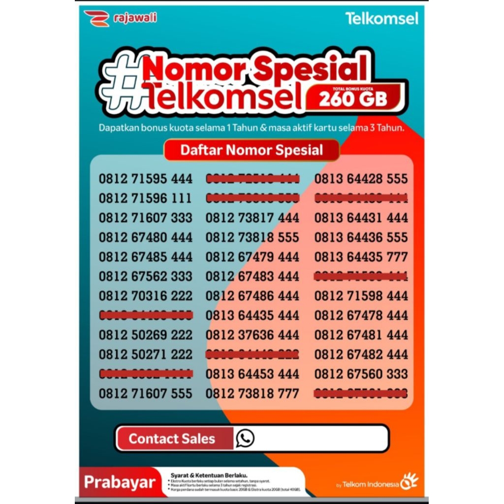 Kartu perdana telkomsel - nomor cantik - Kuota 260GB selama 1 Tahun - 111 222 333 444 555 777