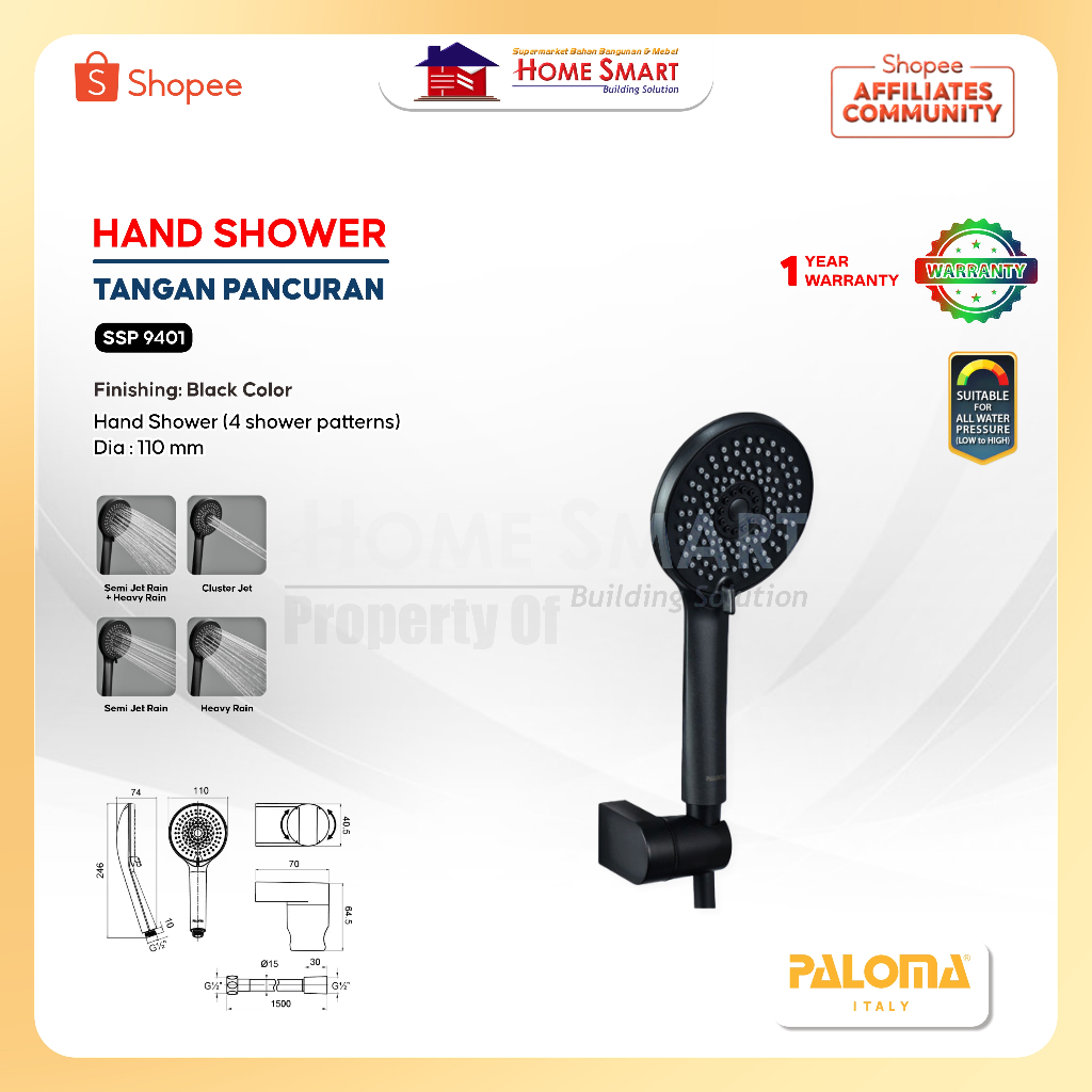 Hand Shower Set PALOMA SSP 9401 Matt Black Shower Mandi Set Paket Selang Holder Shower
