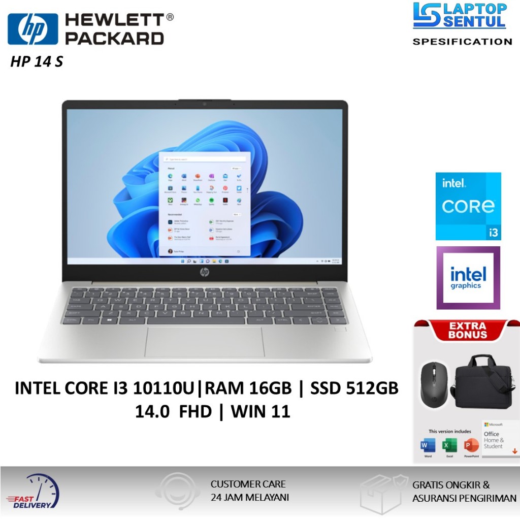 Laptop HP 14s Intel Core i3-10110U Ram 16GB Ssd 512GB Win 11 Original