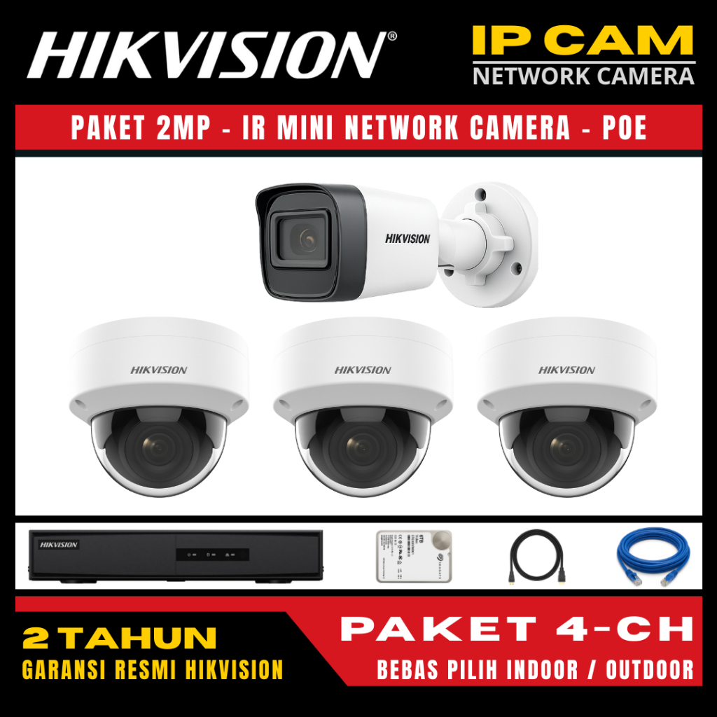paket cctv hikvision ip camera 2mp poe 1 channel sampai 8 channel kamera ip cam