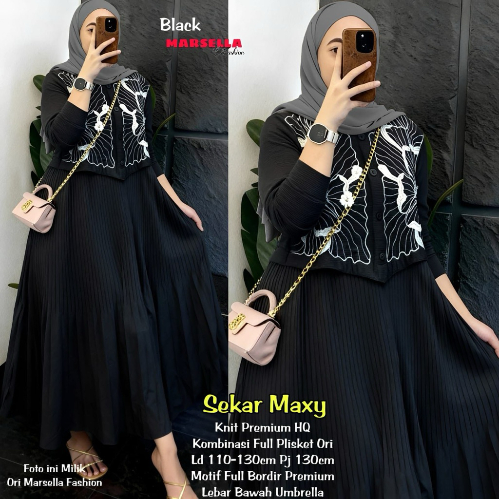 Sekar Maxy Gamis Knit Kombinasi Plisket Motif Bordir