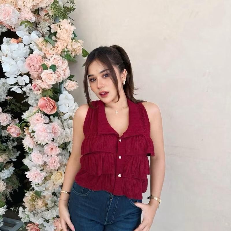 Aliya Crop Top Rompi - Atasan Rempel Susun Kancing Depan