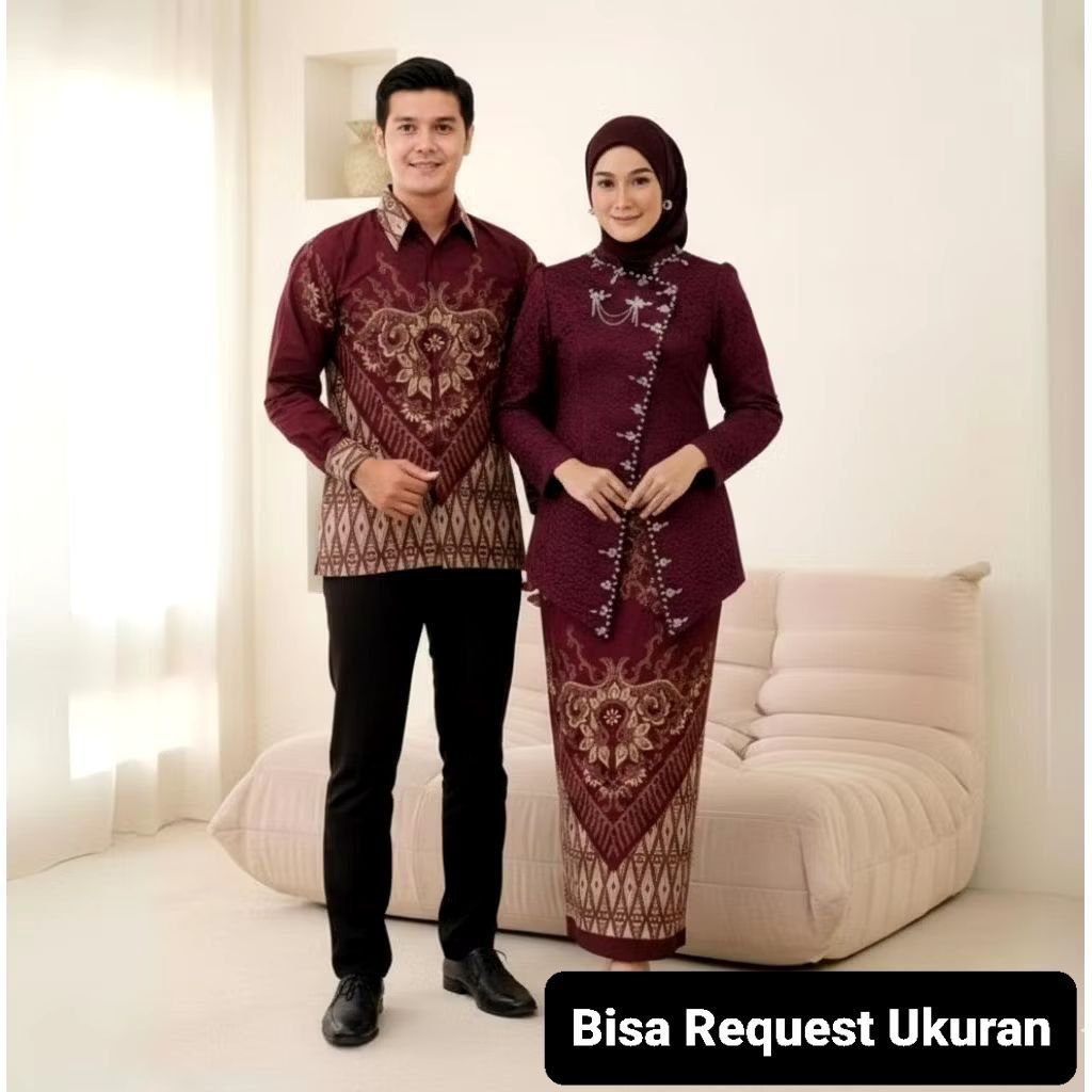 SET KEBAYA JANGGAN POLA BURGUNDY ORI COUPLE KEMEJA PREMIUM / CUSTOM ANAK & JUMBO / BAJU SETELAN SERA