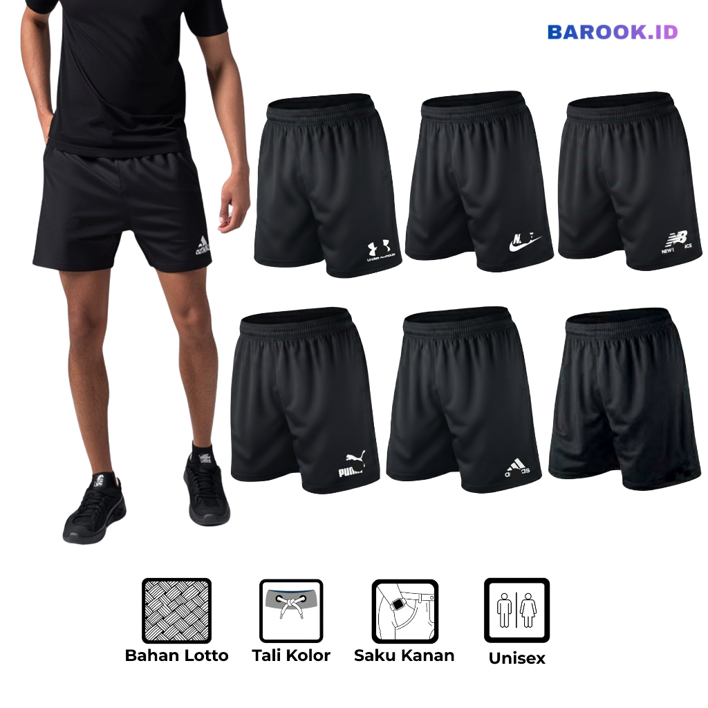 Celana Pendek Kolor Pria Wanita - Celana Olahraga Running Futsal Badminton Santai Hitam Polos