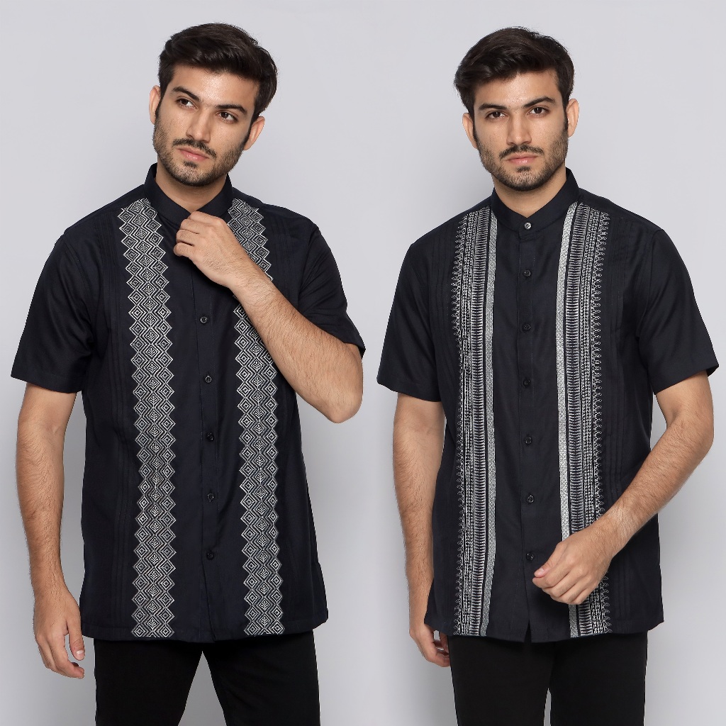 Casella Baju Koko Pria Lengan Pendek Pleats Embroidery | Baju Koko Hitam Lengan Pendek