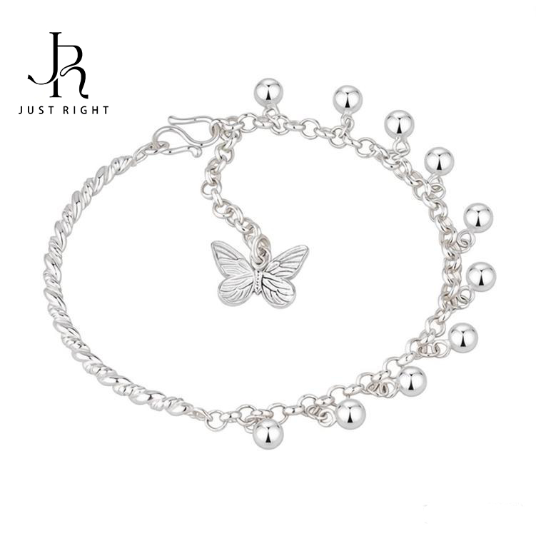 JUST RIGHT Gelang Tangan Asli Lonceng Kupu-kupu S999 Perak Murni Gelang Perak Murni Lonceng Rantai P