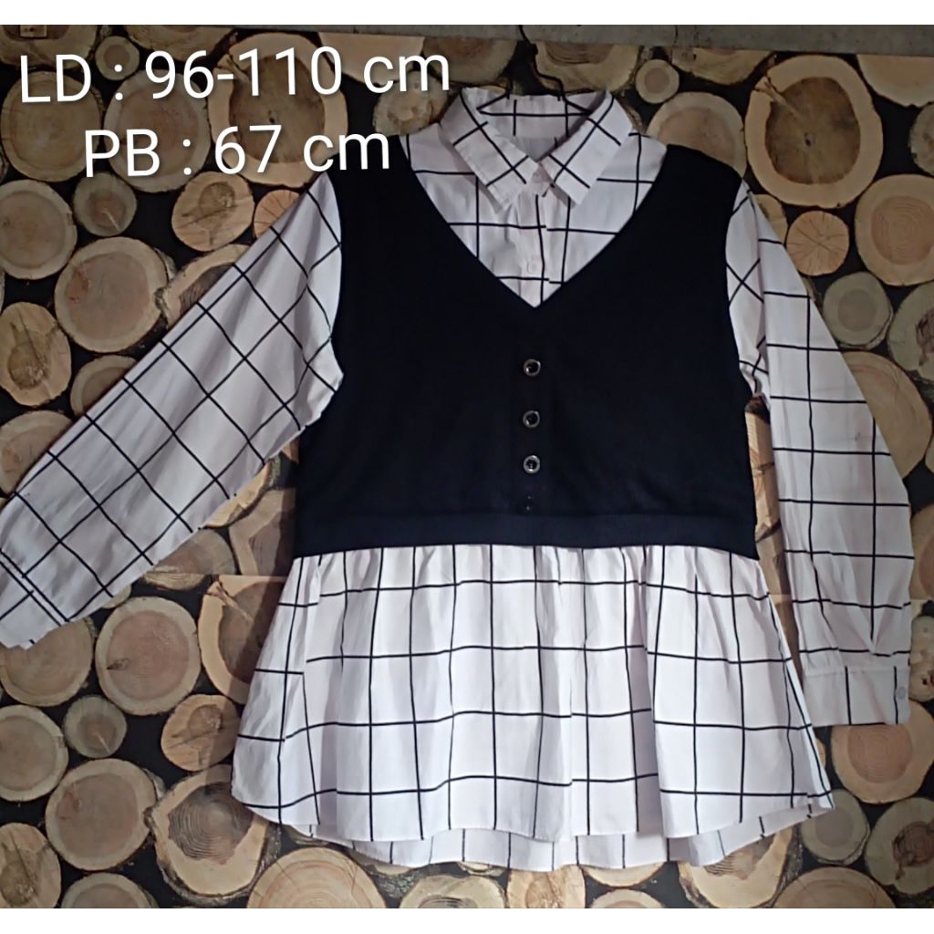 kemeja wanita kotak kombinasi rompi knit (oneset) preloved